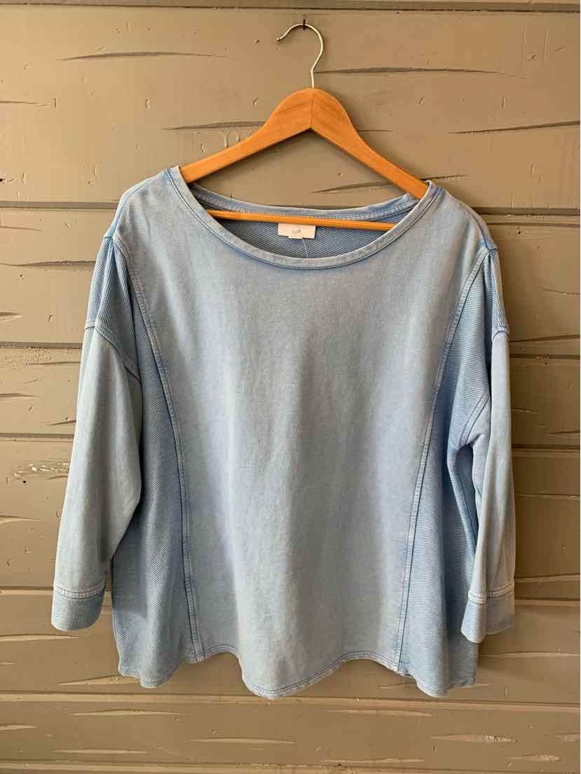 Light blue long-sleeve cotton top with scoop neckline in size 1X on wooden hanger.