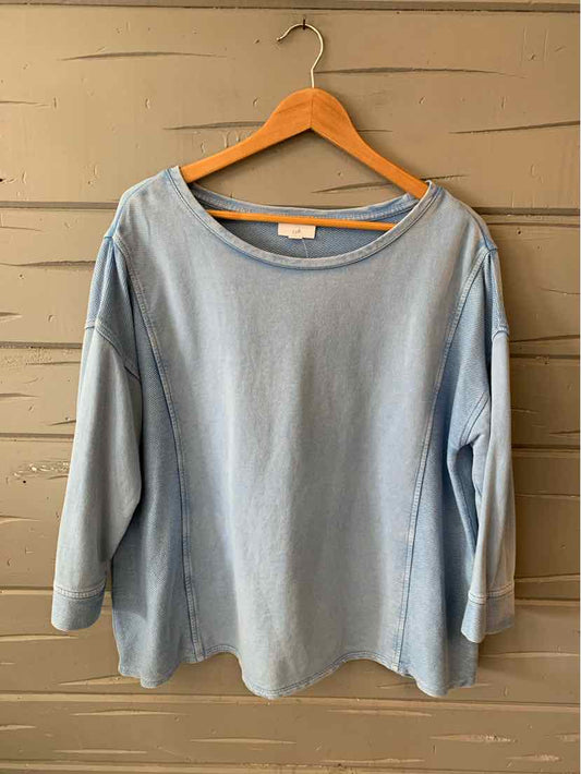 Light blue long-sleeve cotton top with scoop neckline in size 1X on wooden hanger.