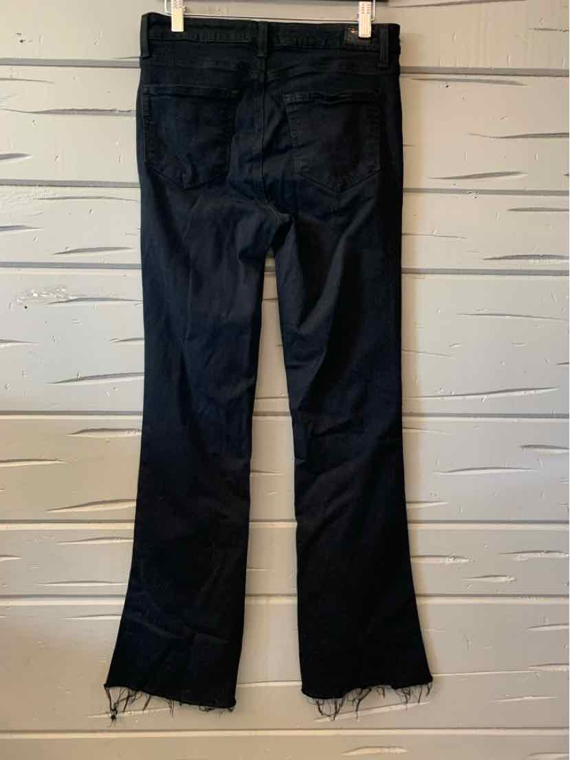 Black denim jeans size 28 with raw hem detail, women's casual style.