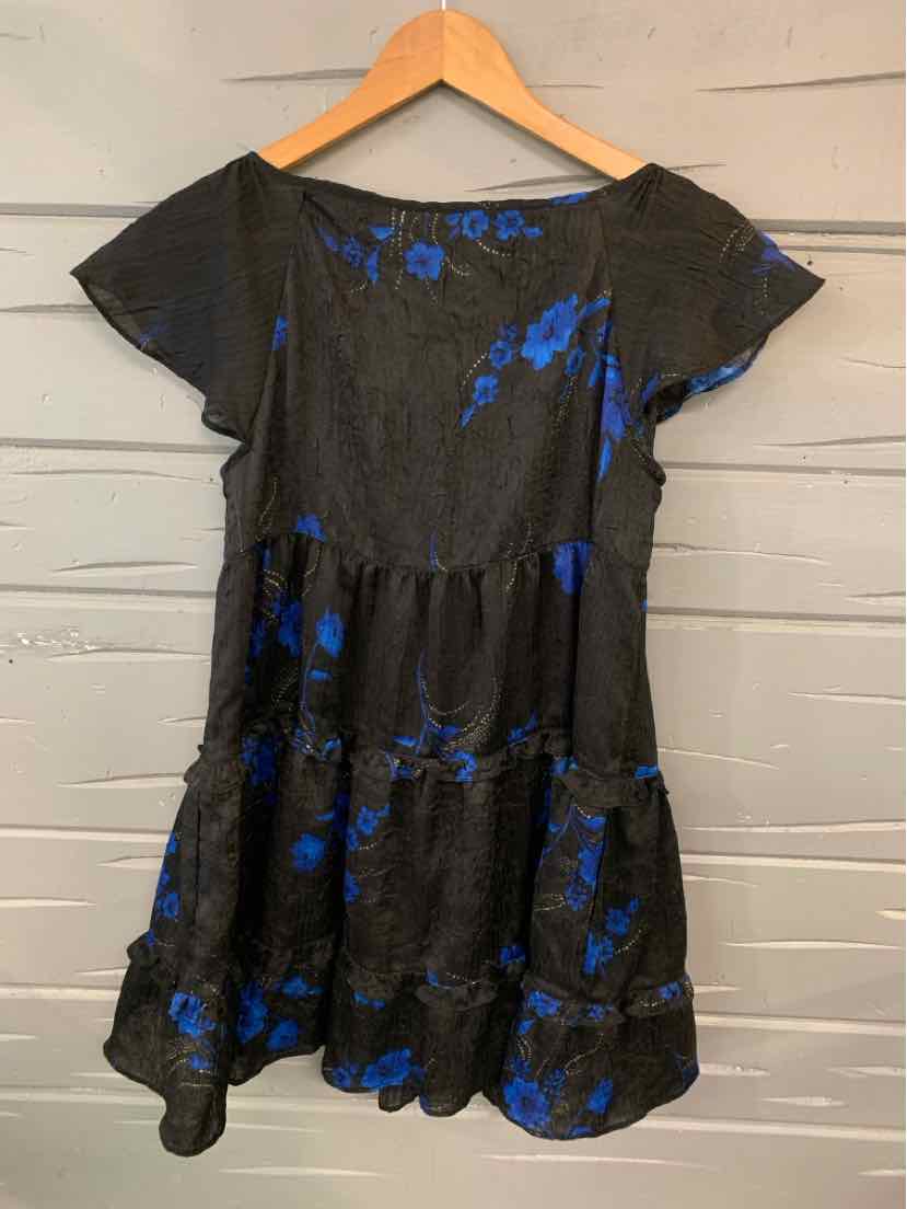 Black short-sleeve dress with blue floral print and tiered ruffle hem, size XS.