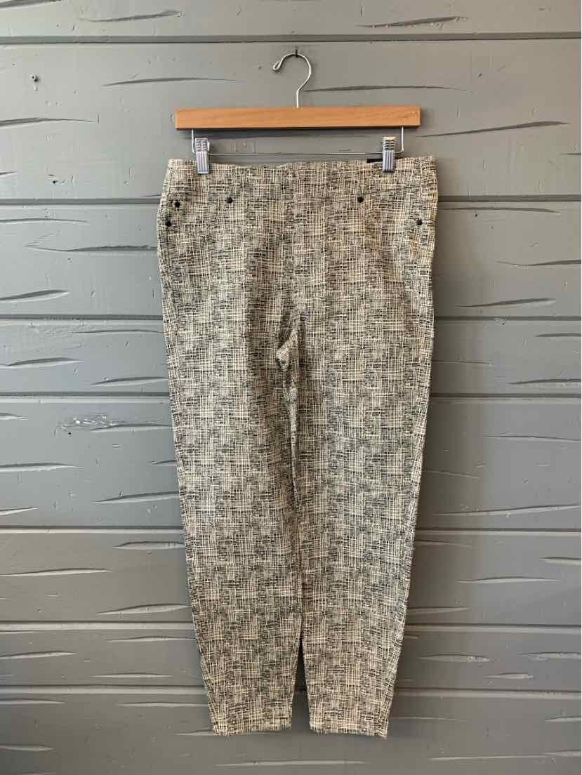 Taupe patterned slim-fit pants with a mid-rise waist and tapered legs, size 6.