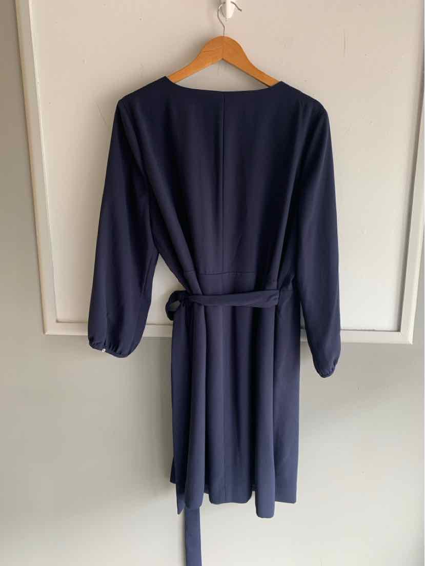 Navy blue long-sleeve dress with waist tie, hanging on wooden hanger against white door.