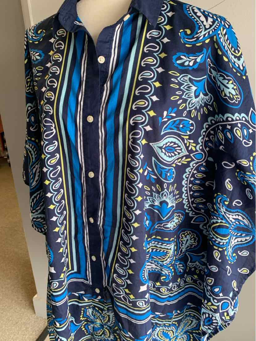 Navy blue Lands’ End blouse with vertical stripes and paisley patterns, medium size.