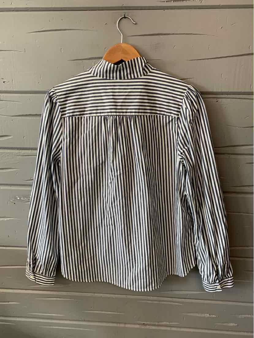 Long-sleeve button-up shirt with navy and white vertical stripes and a gathered yoke on the back.