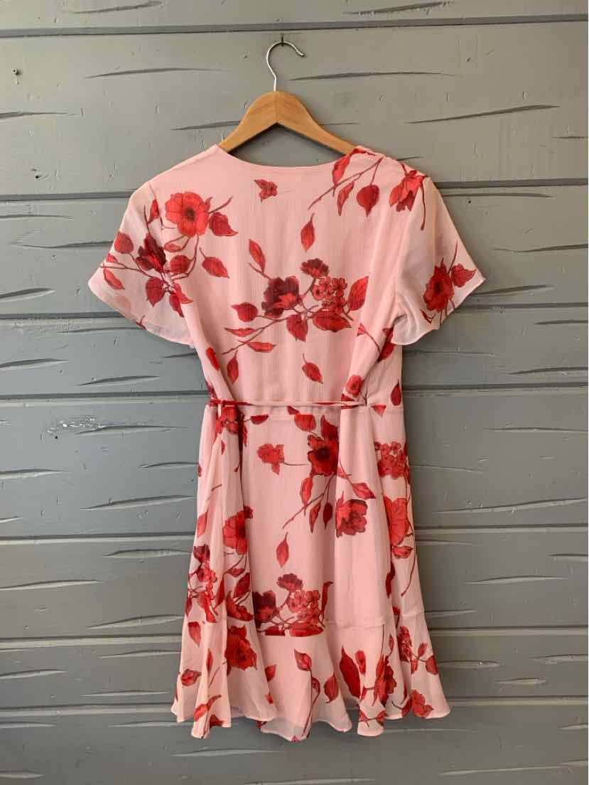 Pink short-sleeve dress with red floral print and ruffled hem hanging on wooden hanger.
