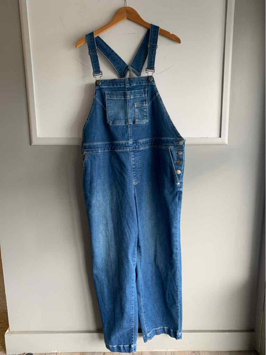 Blue denim overalls with adjustable shoulder straps and front chest pocket, wide leg design.
