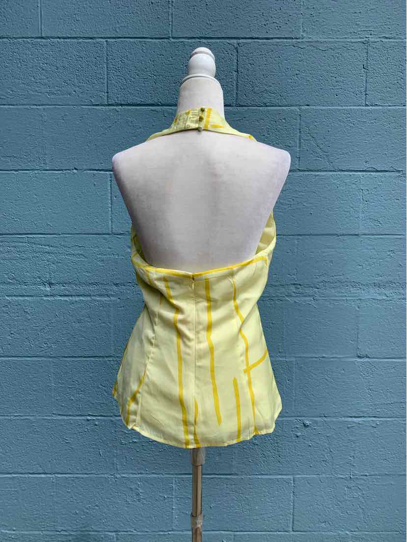 Yellow sleeveless halter top with vertical stripes and fitted waist, size 4.