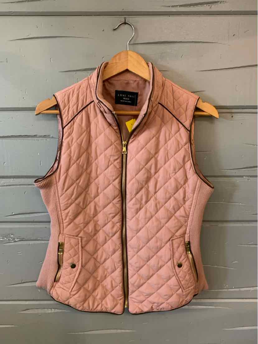 Mauve quilted vest with front zipper and two buttoned pockets, sleeveless design, medium size.
