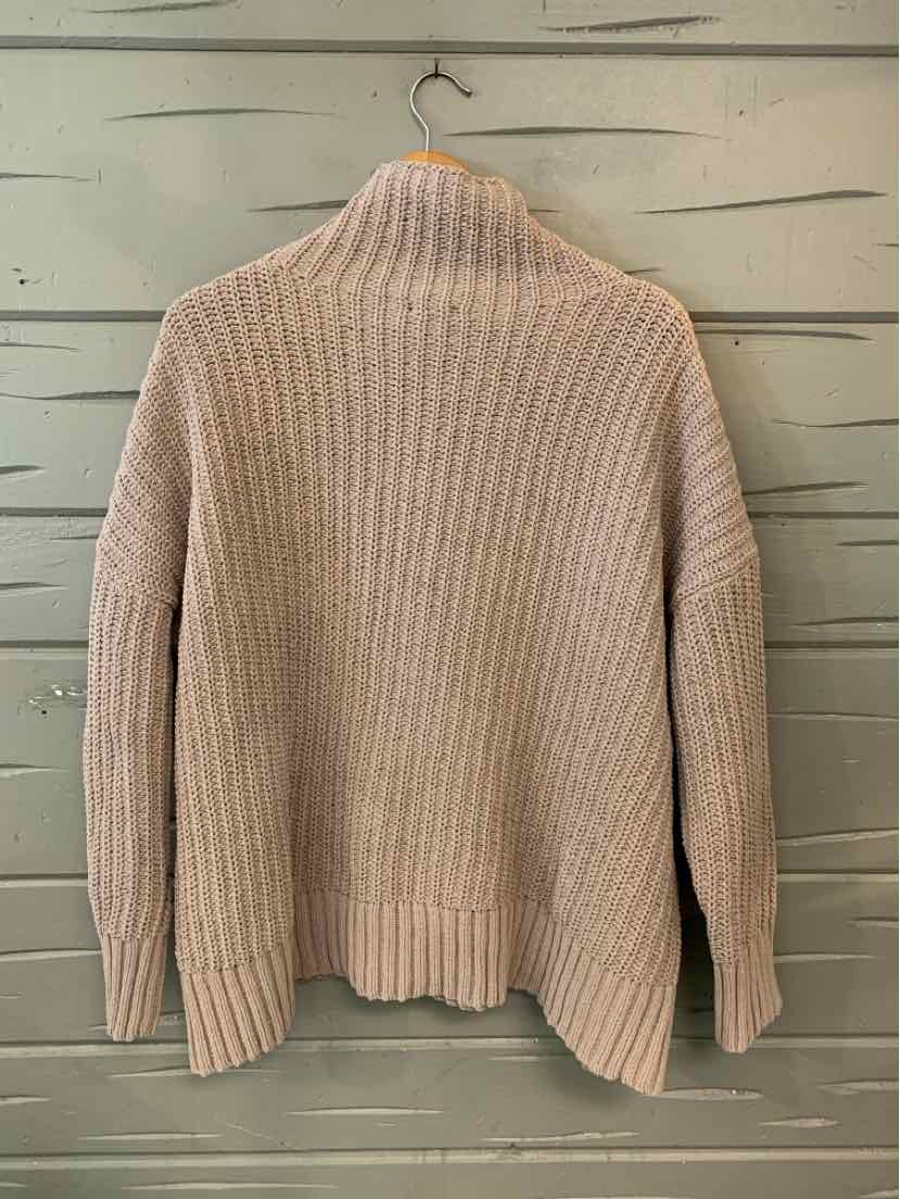 Taupe ribbed knit sweater with long sleeves and high collar, medium size.