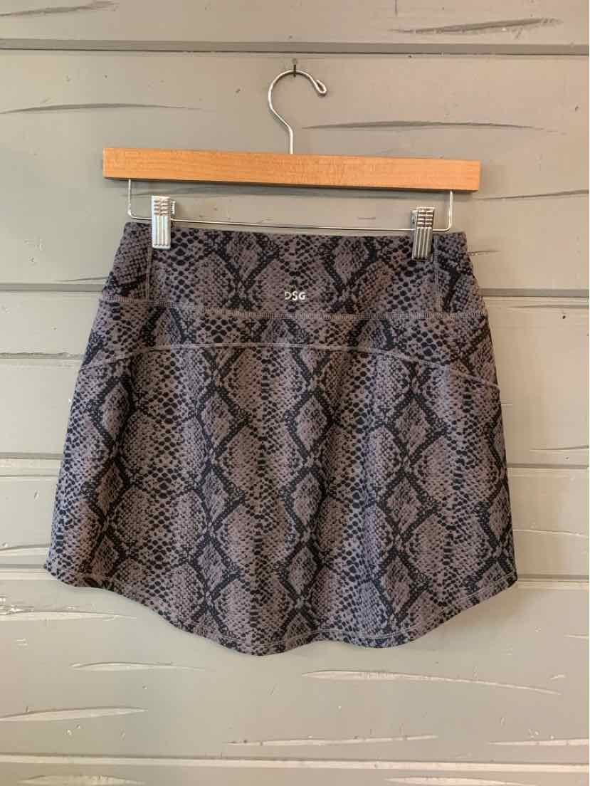 Black and gray snake print skirt with front seam detail, fitted waist, and A-line silhouette.