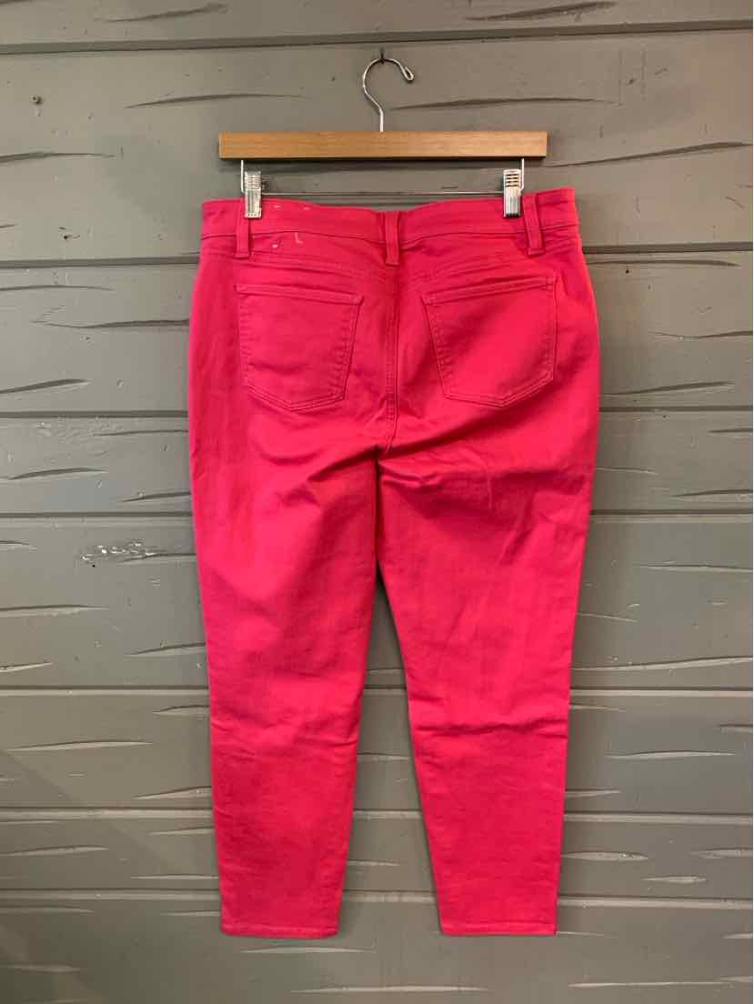 Bright pink slim-fit pants with back pockets and belt loops, size 10P.