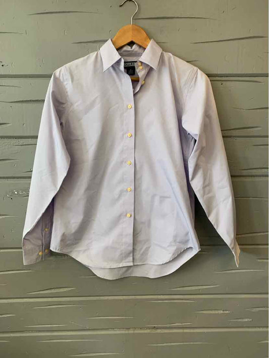 Lavender long-sleeve button-up shirt with classic collar, size 4T, hanging on wooden hanger.