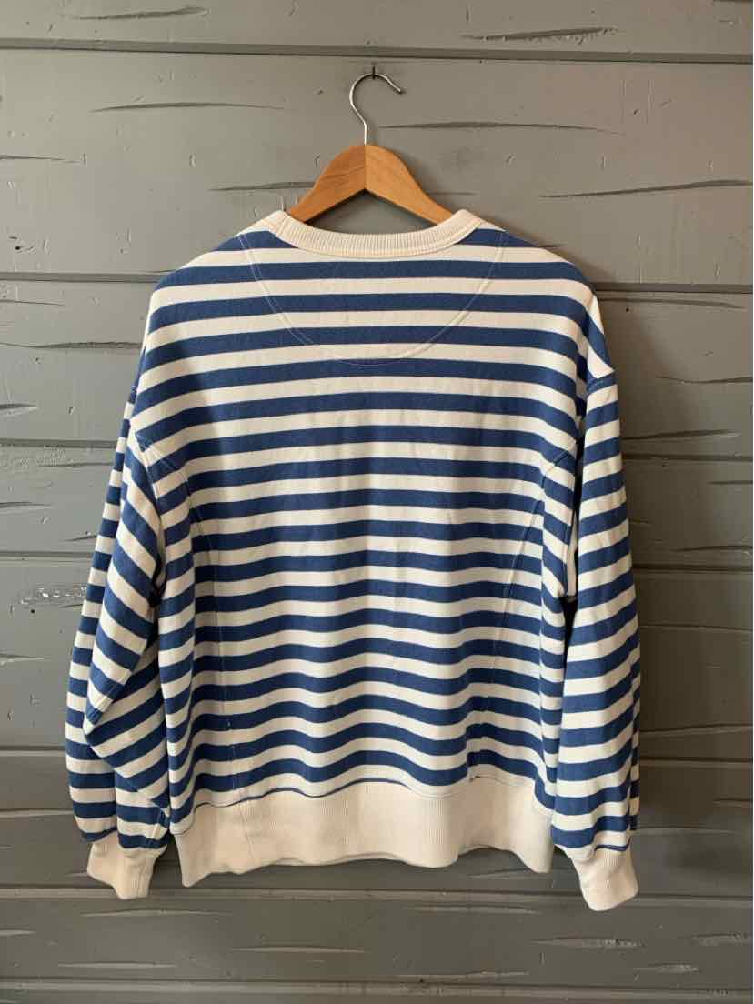 Long-sleeve sweater with blue and white horizontal stripes, ribbed cuffs and hem, relaxed fit.