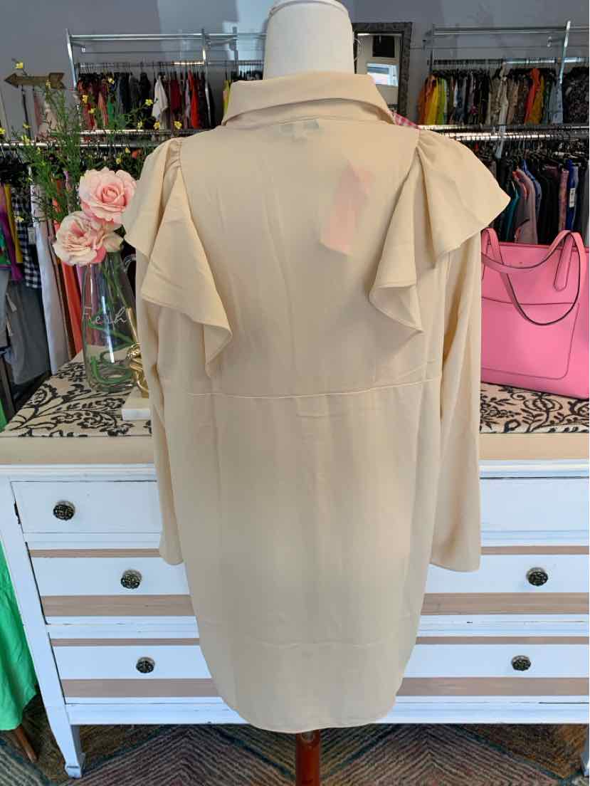 Beige long-sleeve dress with shoulder ruffle details and a straight silhouette.