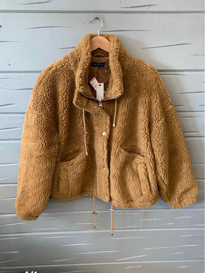 Tan sherpa fleece jacket with high collar, front pockets, and drawstring hem in large size.