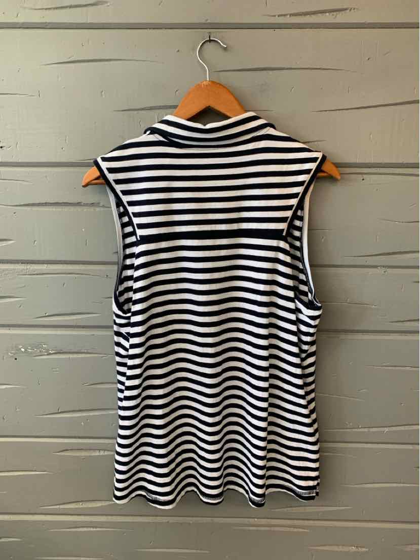 Black and white horizontal striped sleeveless blouse with a mock neck in size XL.
