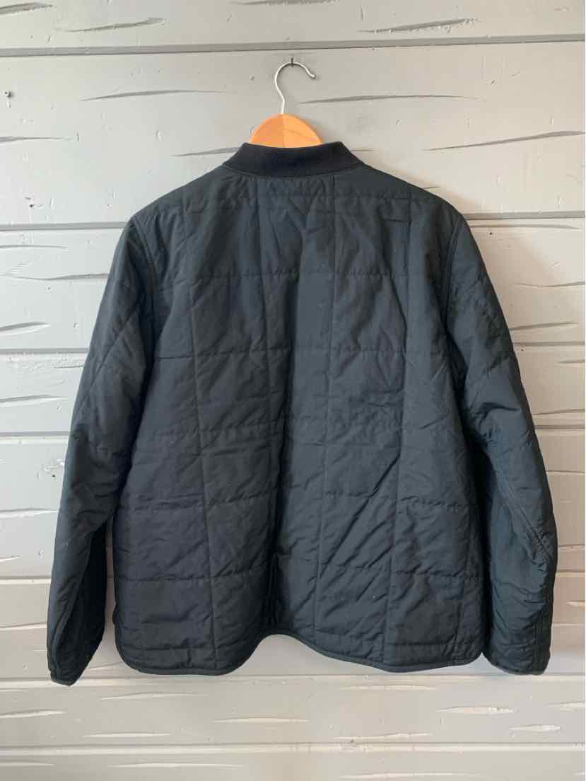 Black quilted jacket with long sleeves and a stand collar, size large.