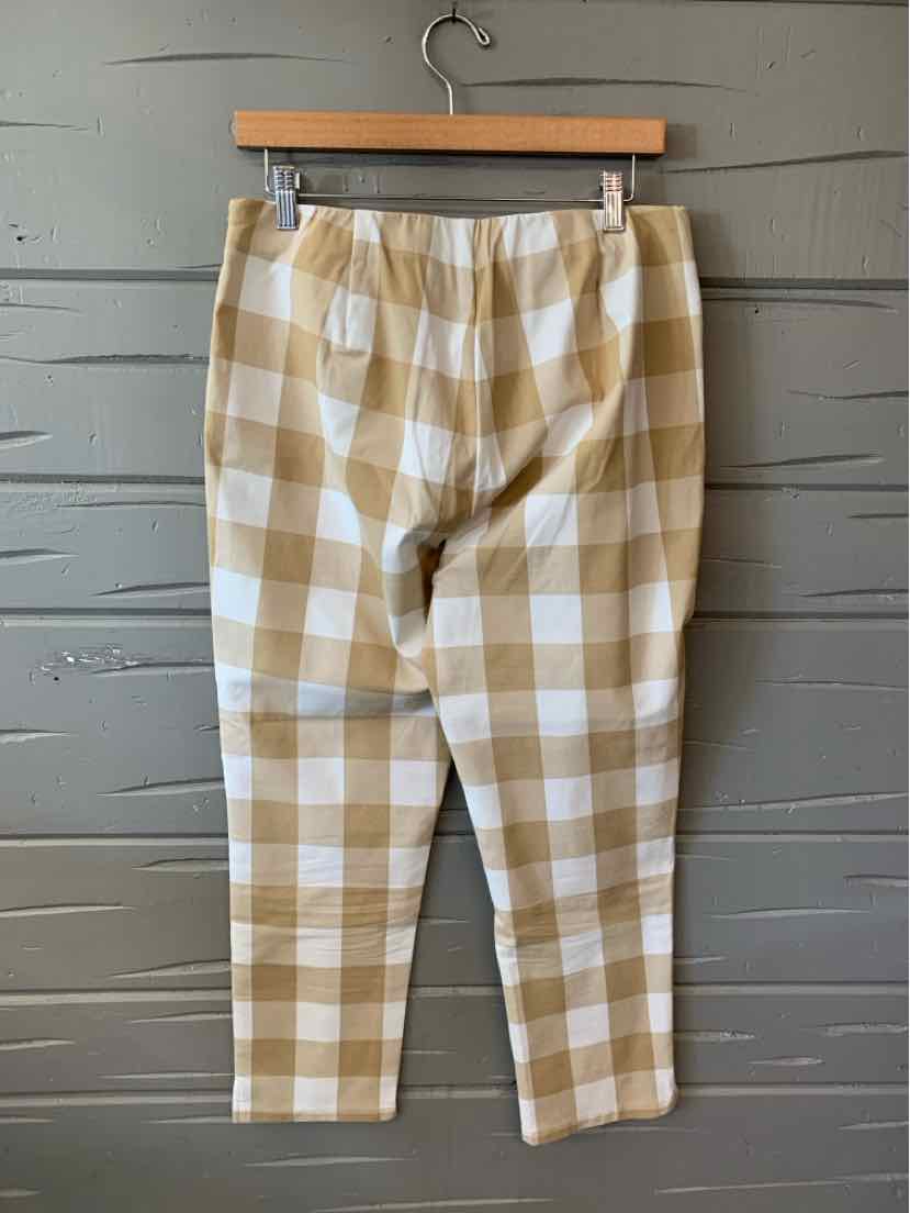 Tan and white gingham patterned pants with elastic waistband and tapered legs, size 12.