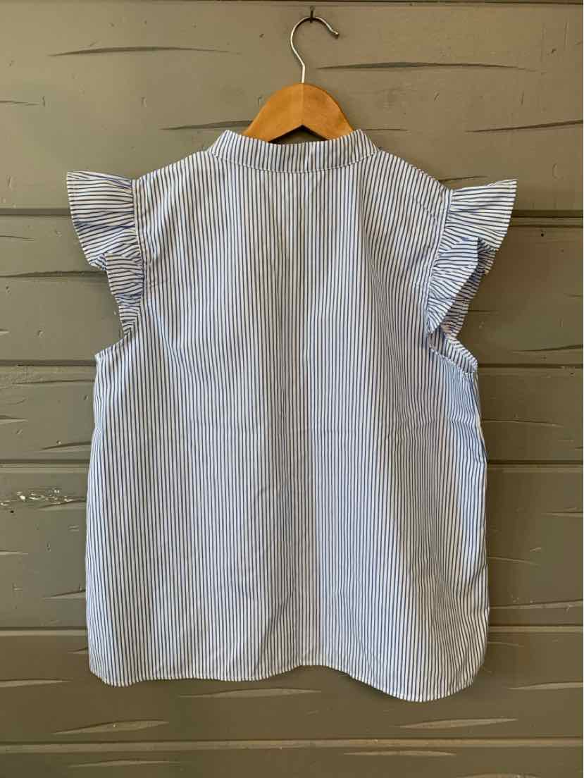 White sleeveless blouse with light blue vertical stripes and ruffled shoulder details, loose fit.