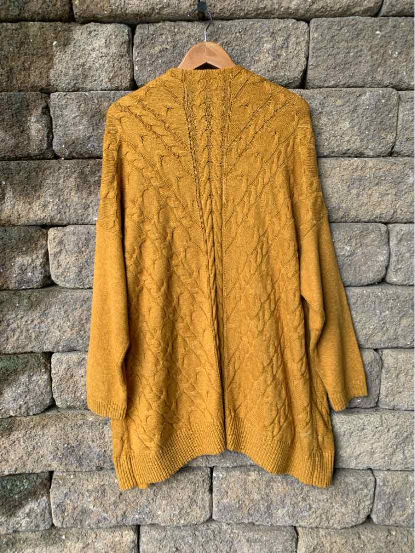 Mustard yellow cable-knit cardigan with long sleeves and open front, size XL.