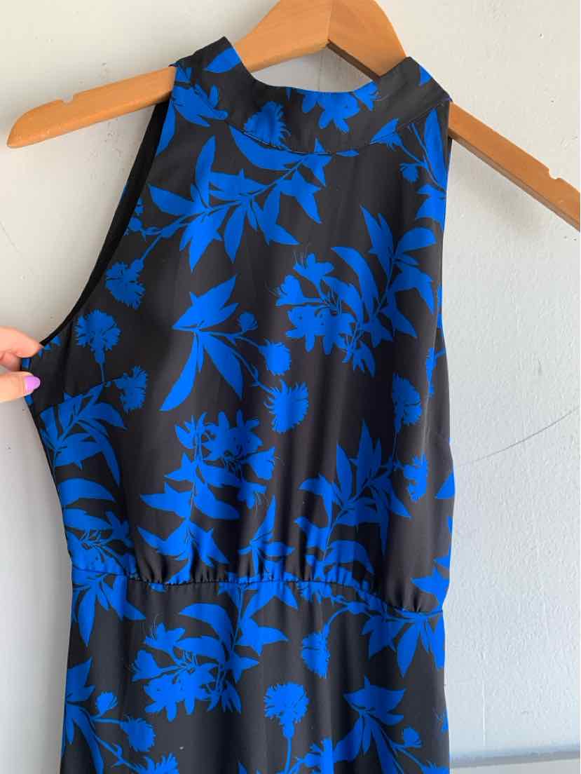 Black sleeveless dress with high neck and bold blue floral print, size 2.