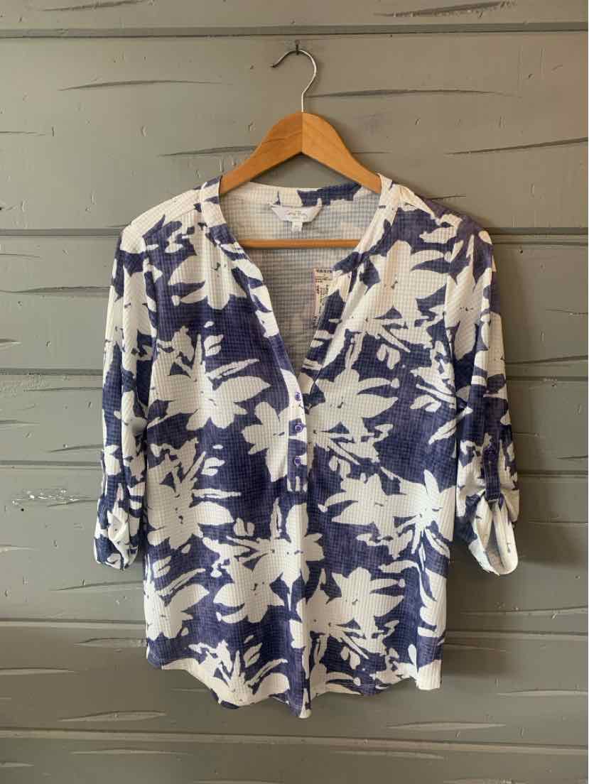 Blue and white floral print blouse with three-quarter sleeves and button-down front.