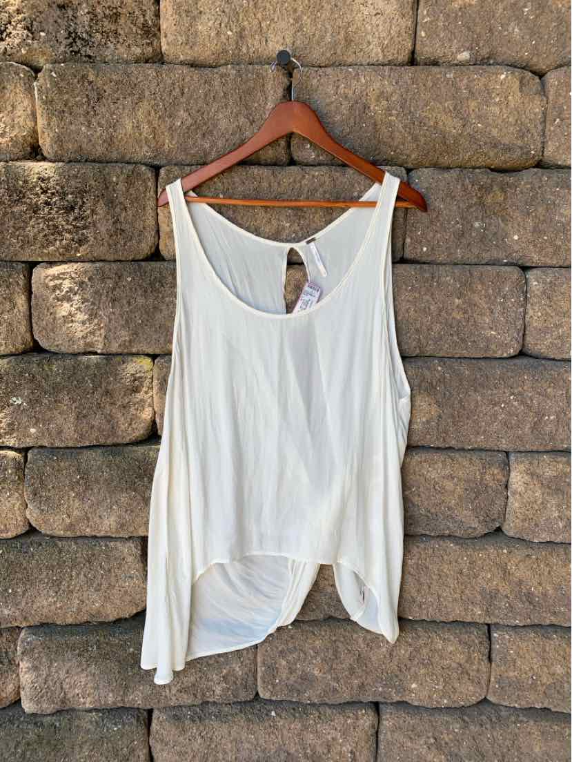 White sleeveless scoop neck tank top with twisted knot detail at hem, lightweight fabric.
