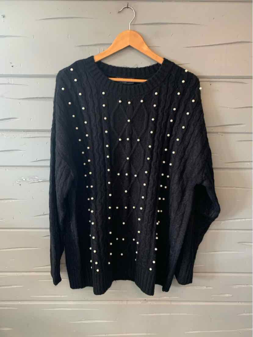 Black knit sweater with pearl embellishments and cable-knit pattern, size 18/20.