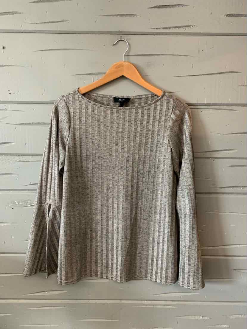 Gray ribbed knit long-sleeve shirt with subtle vertical stripe texture, medium size.