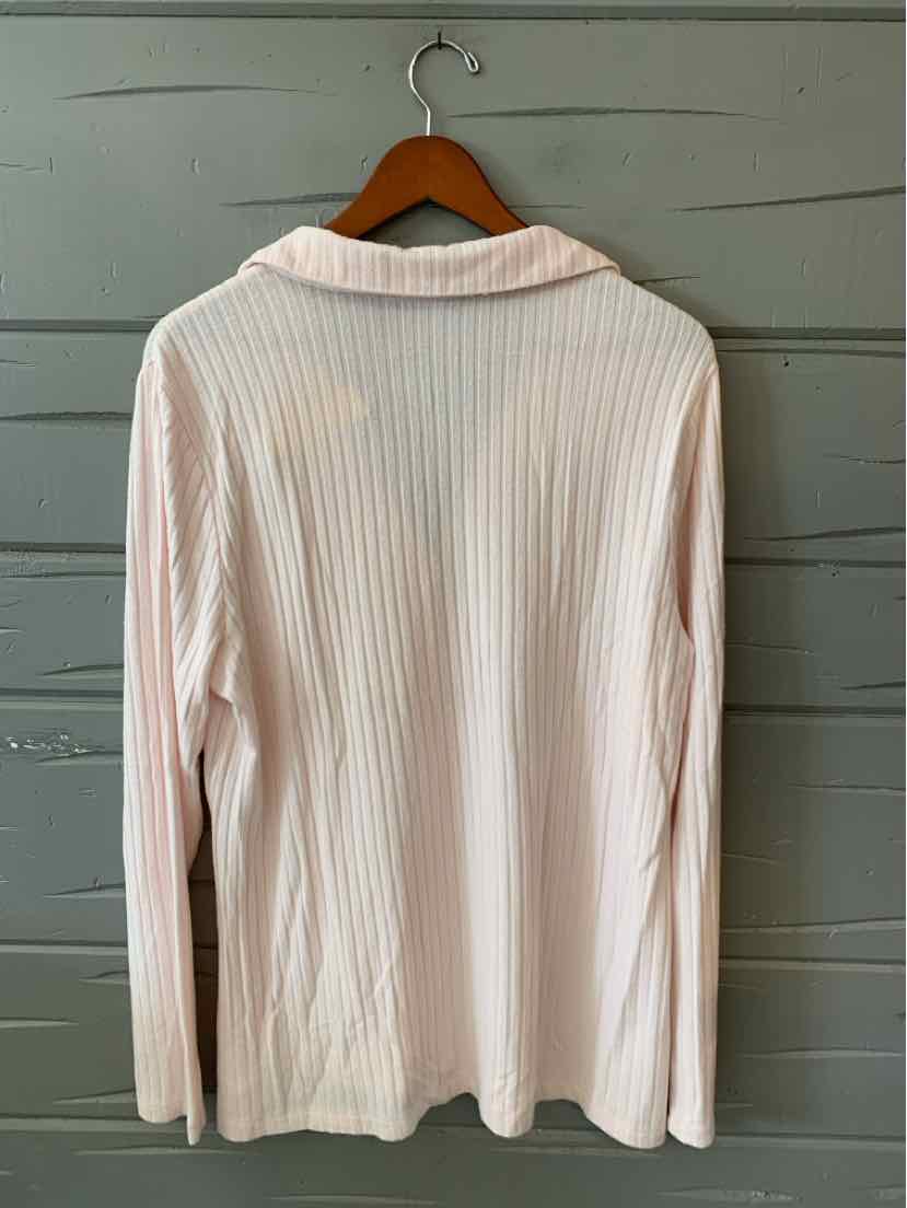 Light pink ribbed long-sleeve polo shirt with soft collar in size large.