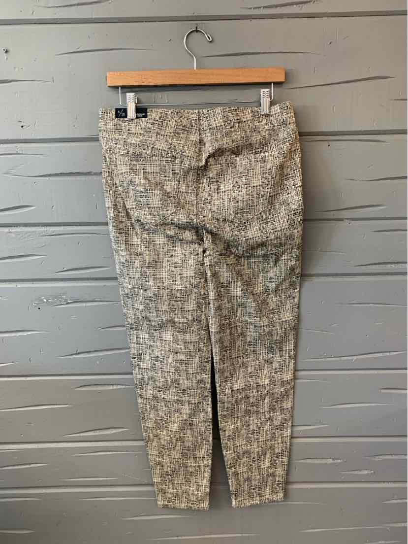 Taupe patterned slim-fit pants with front pockets and ankle-length hem, size 6.