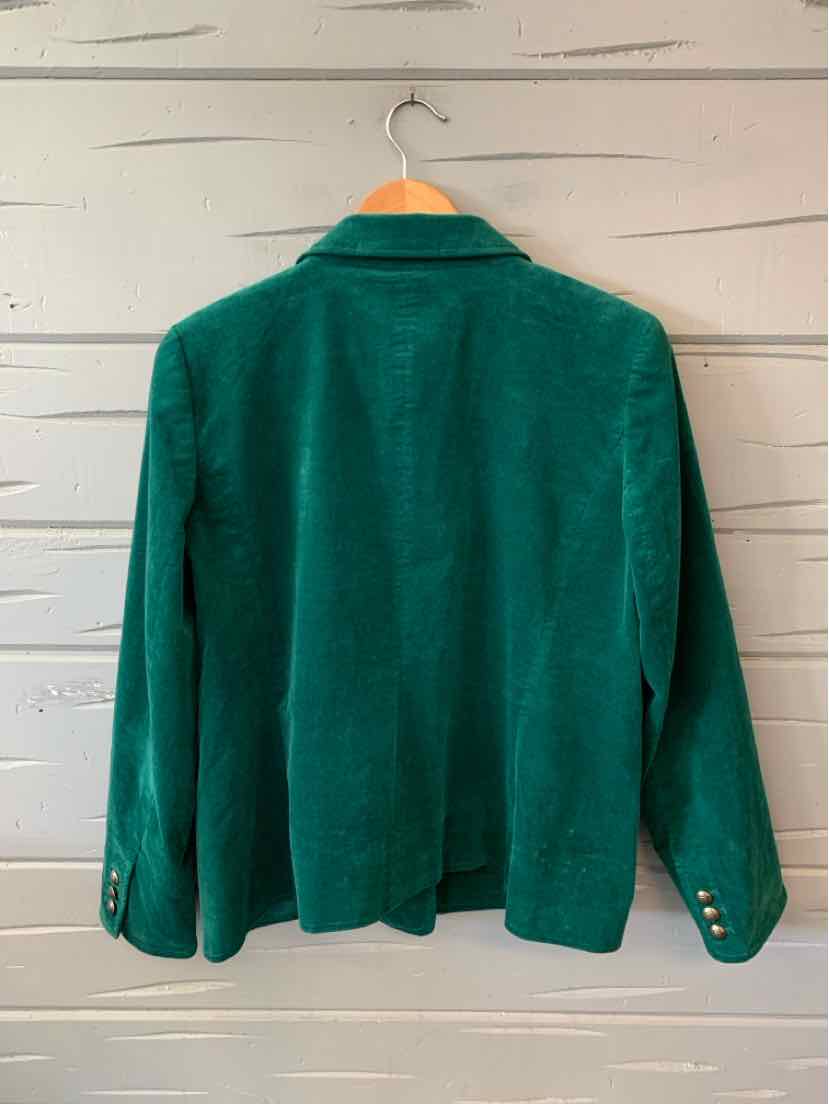 Green velvet blazer with long sleeves, structured shoulders, and gold button details on cuffs.
