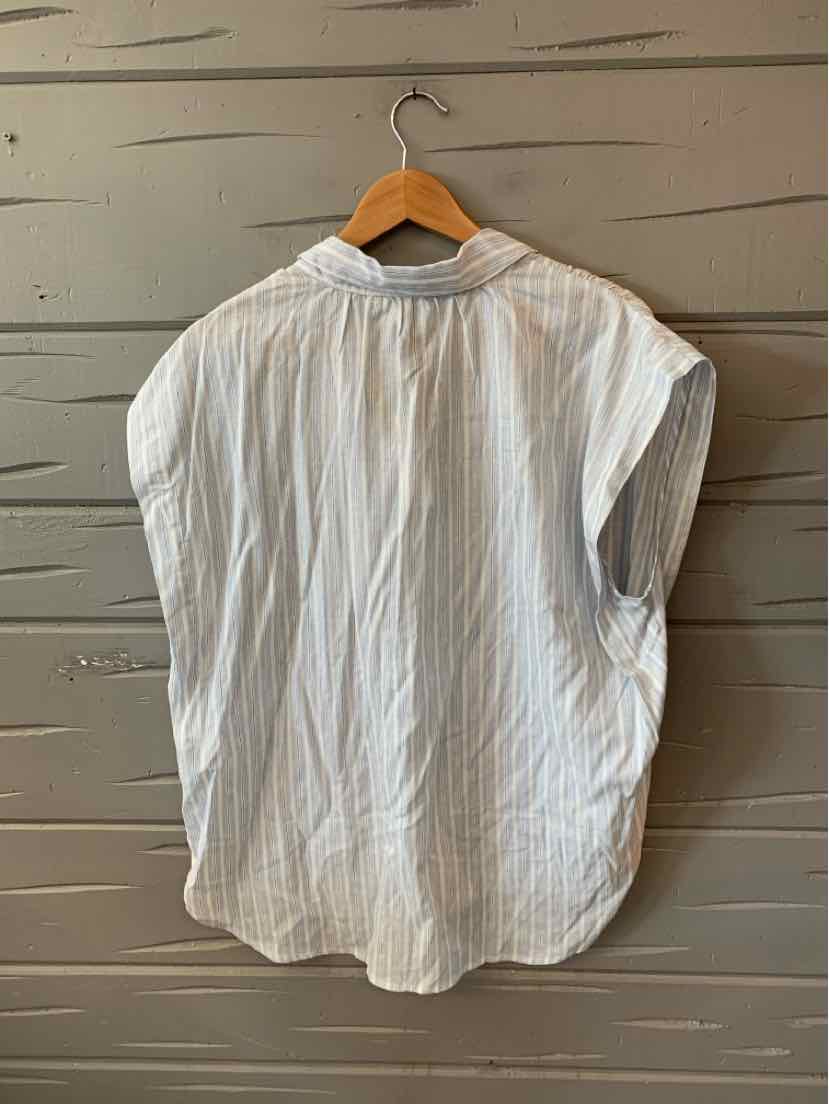 White sleeveless blouse with vertical light gray stripes and button-up back, size XL.
