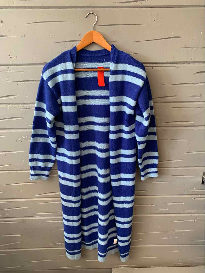 Blue and white striped long cardigan with three-quarter sleeves on wooden hanger.