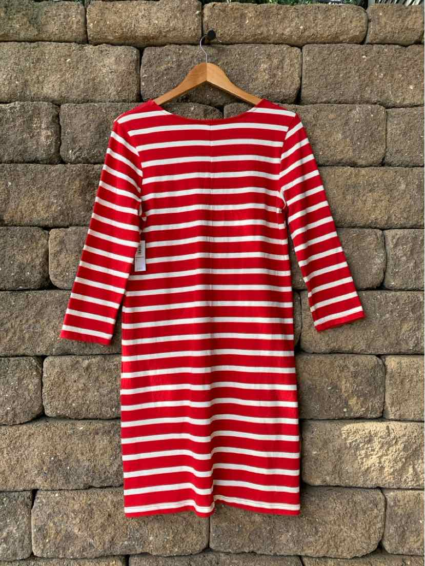 Red and white horizontal striped long-sleeve knee-length dress with a round neckline.