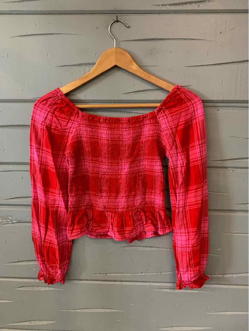 Red plaid long-sleeve blouse with smocked waist and cuffs, lightweight fabric, square neckline.