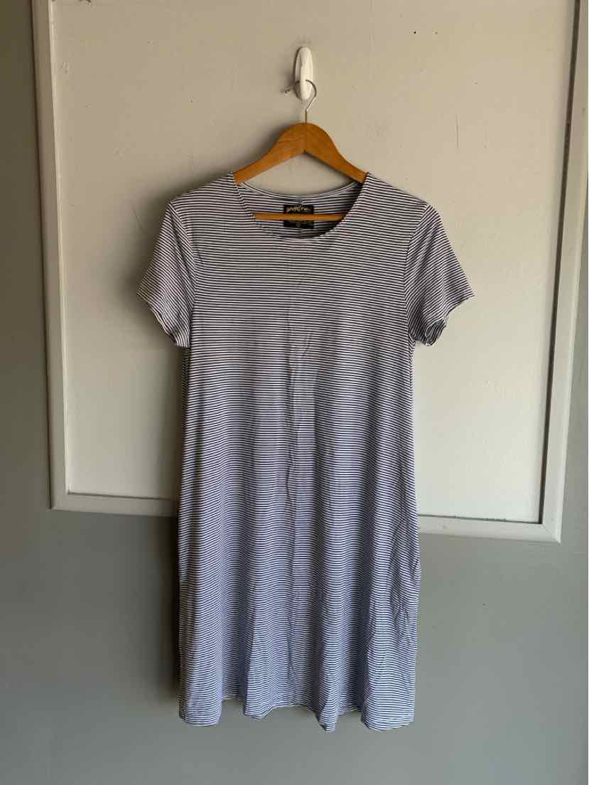 Light gray knee-length dress with thin white horizontal stripes, short sleeves, and crew neckline hanging on wooden hanger.