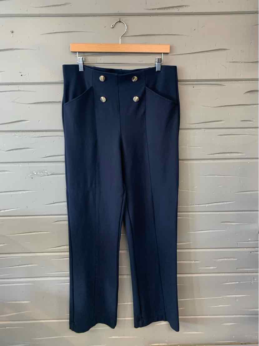 Navy blue high-waisted pants with wide legs and double silver button detailing at the front.