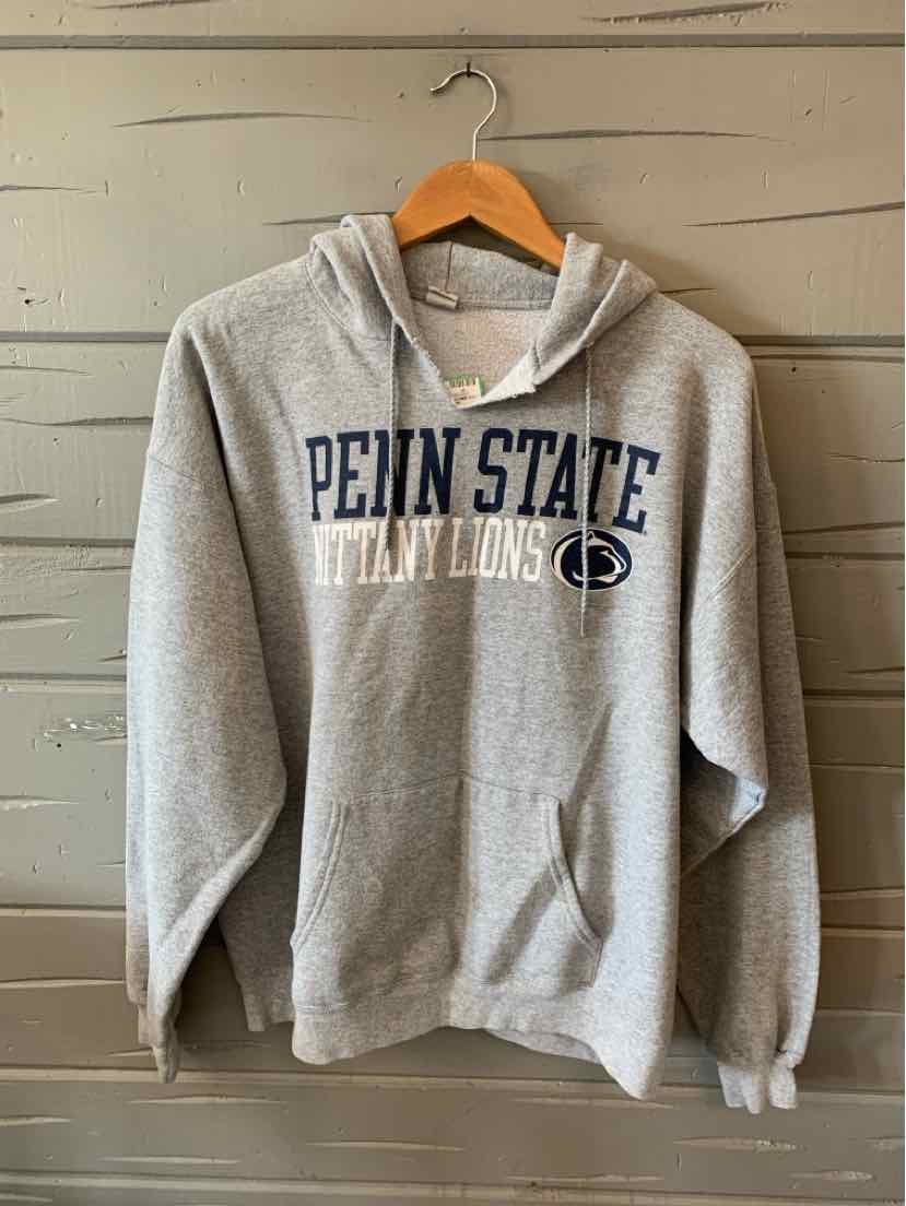 Gray pullover hoodie with Penn State Nittany Lions logo in navy blue, front kangaroo pocket, and drawstring hood.