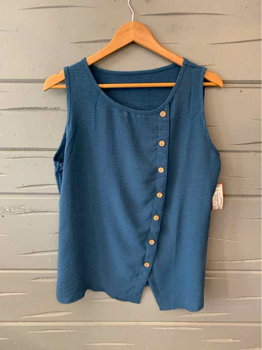 Sleeveless blue cotton tank top with asymmetrical button closure on front, size XL.
