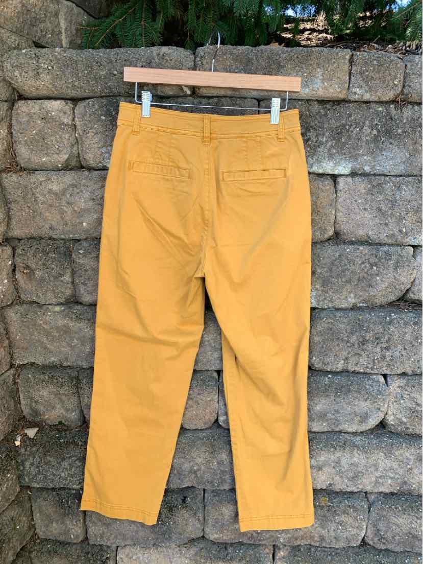 Mustard yellow straight-leg pants with back pockets and belt loops hanging on wooden hanger against stone wall.