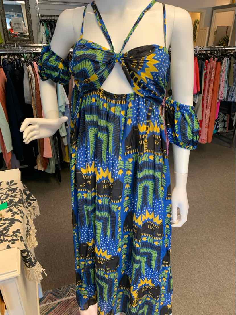 Blue and green patterned maxi dress with cutout front, spaghetti straps, and off-shoulder sleeves.