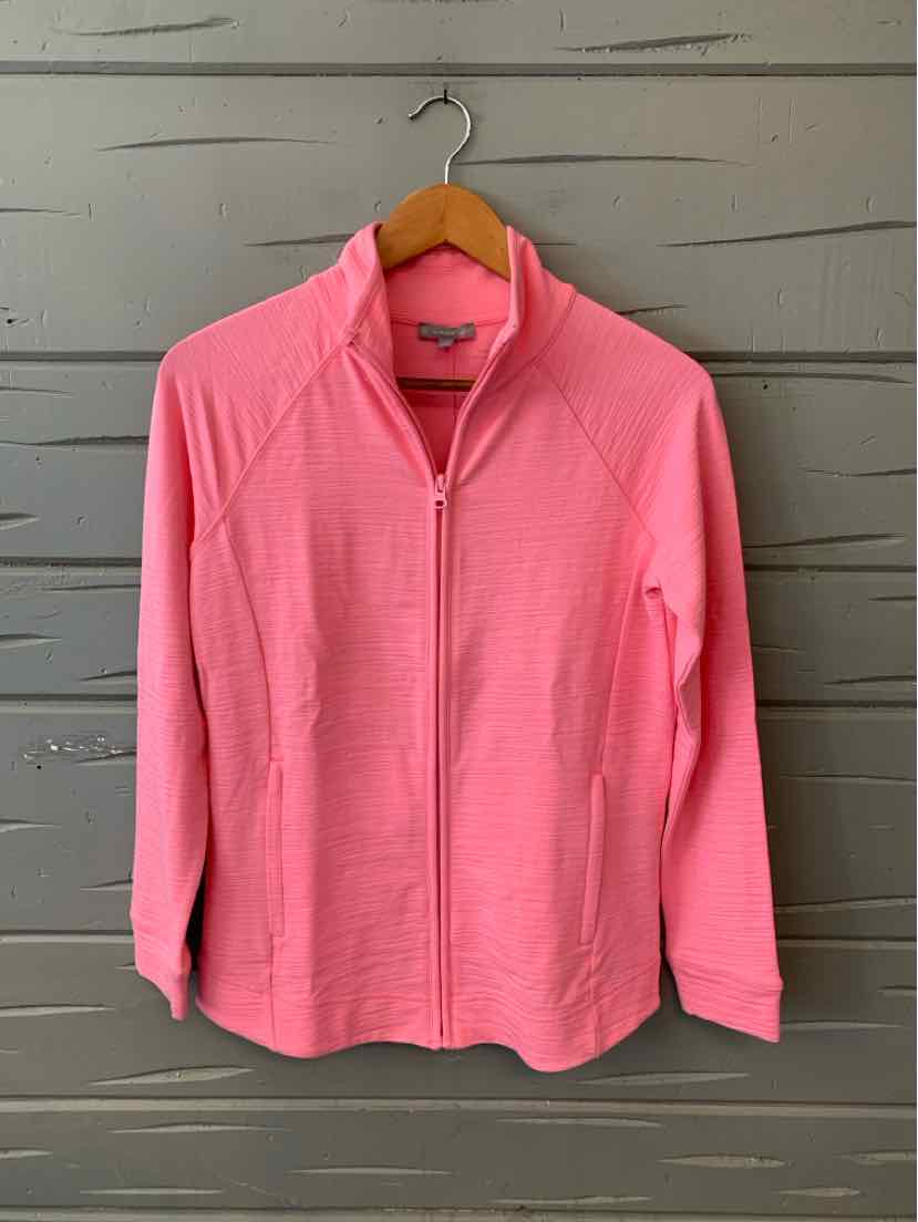 Pink long-sleeve zip-up jacket with stand collar and textured knit, size XS.