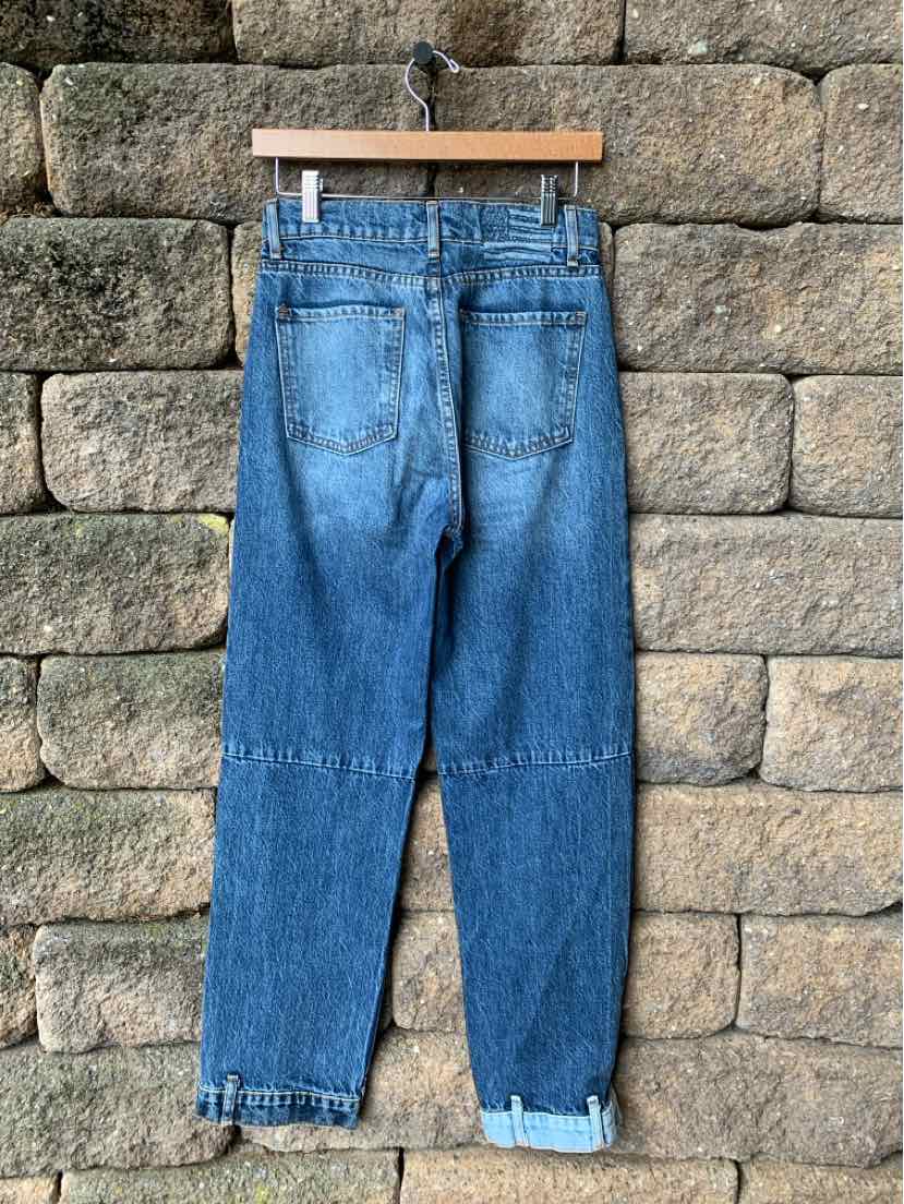 Blue high-waisted denim jeans with patchwork detailing and straight legs, size 2.