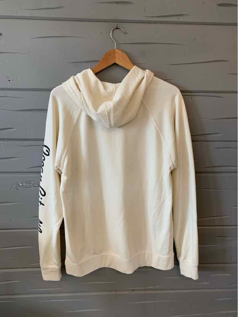 White long-sleeve hoodie with black script graphic on left sleeve, relaxed fit, cotton blend fabric.