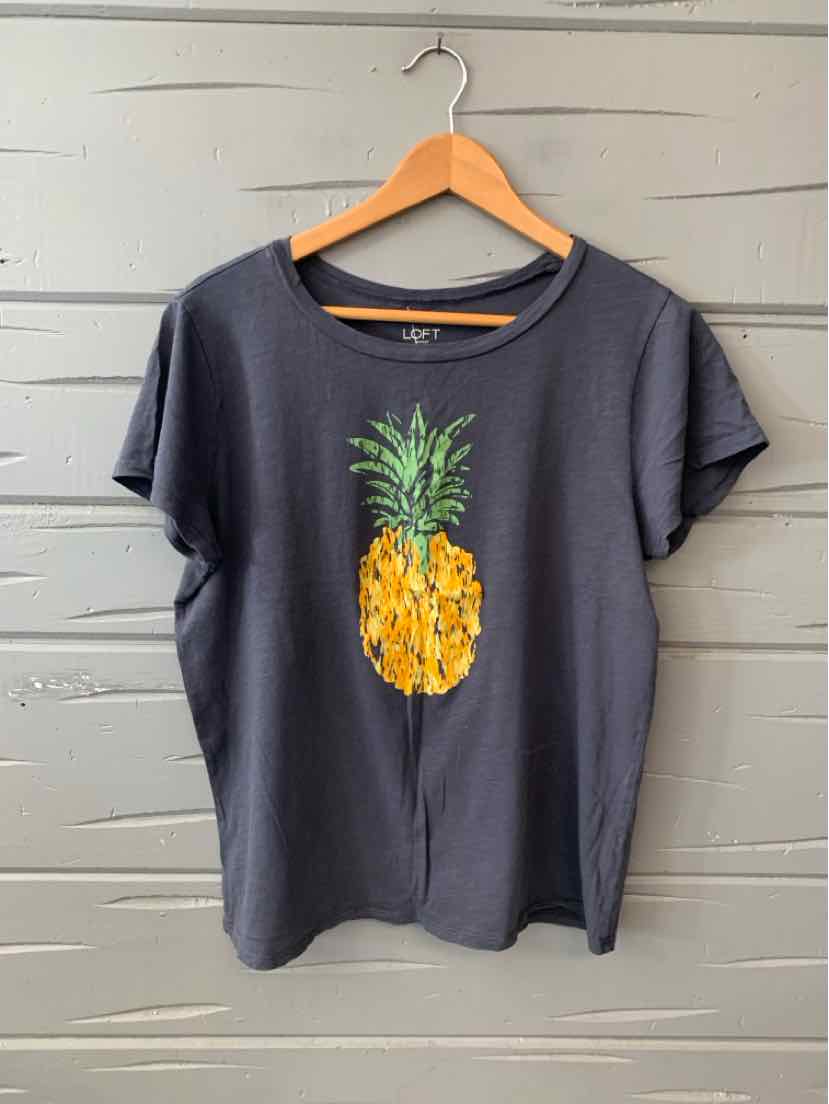 Dark gray short-sleeve t-shirt with round neckline and printed yellow pineapple design centered on front.