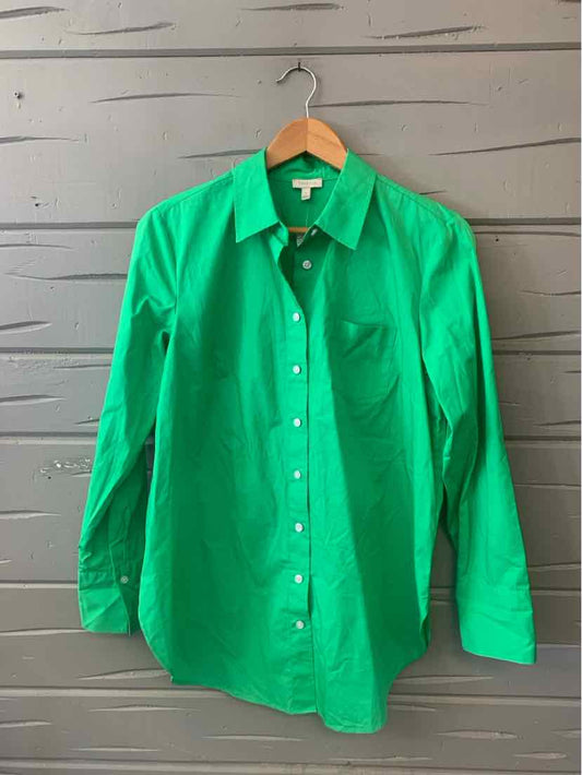 Bright green long-sleeve button-up shirt with collar and chest pocket.