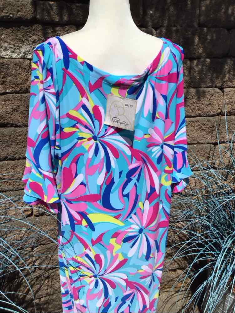 Colorful floral-patterned dress with blue, pink, and yellow accents, scoop neckline, elbow-length sleeves, size 2XL.