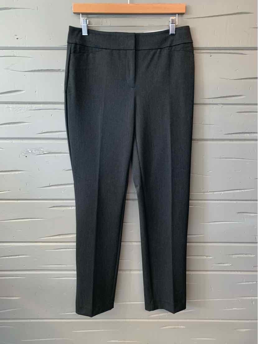 Gray tailored women's pants with a slim, straight-leg cut and flat front waistband.