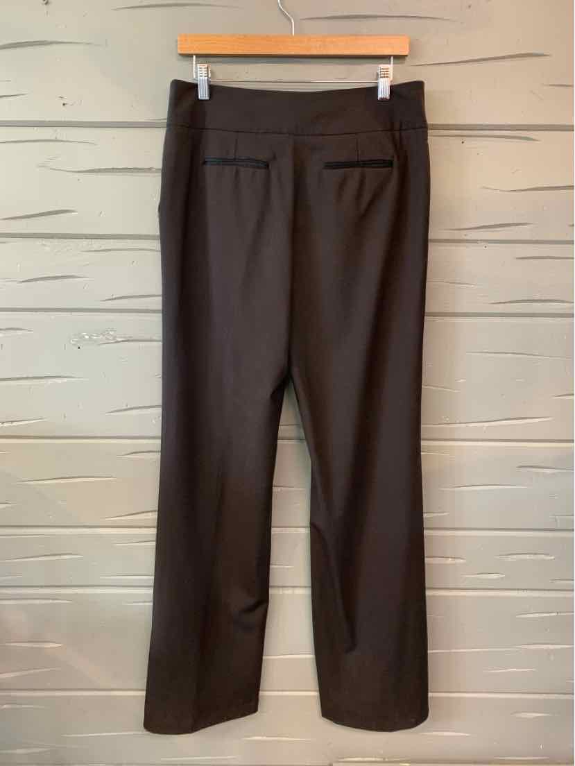 Dark brown straight-leg trousers with back welt pockets and belt loops, size 10.